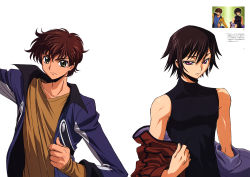 Rule 34 | 00s, 2boys, absurdres, bare shoulders, black hair, brown hair, code geass, covered navel, green eyes, highres, jacket, kururugi suzaku, lelouch vi britannia, long sleeves, looking at viewer, male focus, multiple boys, open clothes, open jacket, purple eyes, shirt, simple background, skin tight, sleeveless, t-shirt, taut clothes, undressing, upper body, white background