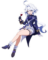 Rule 34 | 1girl, absurdres, ascot, asymmetrical gloves, black footwear, black gloves, blue ascot, blue brooch, blue eyes, blue gemstone, blue hair, blue jacket, cowlick, crossed legs, cup, drinking glass, drop-shaped pupils, full body, furina (genshin impact), gem, genshin impact, gloves, hand rest, hand up, heterochromia, high heels, highres, holding, holding cup, invisible chair, jacket, kazezeze, kodona, lolita fashion, long hair, looking at viewer, mismatched gloves, mismatched pupils, open mouth, short shorts, shorts, simple background, sitting, solo, symbol-shaped pupils, teeth, upper teeth only, wavy hair, white background, white gloves, white hair, white shorts, wine glass