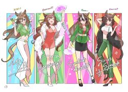Rule 34 | 4girls, afterimage, ahoge, alternate costume, animal ears, arm up, beckoning, black footwear, black skirt, blush, breasts, brown hair, character name, cleavage, closed eyes, collared shirt, dress, english text, feather boa, green jacket, green pants, green shirt, hand fan, hat, high heels, highres, holding, holding clothes, holding fan, holding hat, horse ears, horse girl, horse tail, jacket, kumo (mokumoku warabi), long hair, looking at viewer, maruzensky (umamusume), medium breasts, midriff, mini hat, mini top hat, mr. c.b. (umamusume), multicolored hair, multiple girls, musical note, navel, one eye closed, open mouth, pants, pencil skirt, red dress, shirt, sirius symboli (umamusume), skirt, sleeveless, sleeveless dress, star (symbol), streaked hair, symboli rudolf (umamusume), tail, tied shirt, top hat, umamusume, unworn hat, unworn headwear, white footwear, white pants, white shirt