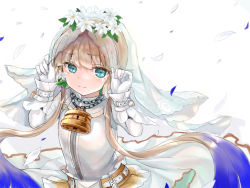 Rule 34 | 1boy, alternate costume, blonde hair, blue eyes, blue petals, bridal veil, captain nemo (fate), chain, cosplay, crossdressing, dress, elbow gloves, falling petals, fate/grand order, fate (series), flower, gloves, hair flower, hair ornament, head wreath, lock, looking at viewer, low twintails, male focus, nemo (fate), nero claudius (bride) (fate), nero claudius (bride) (fate) (cosplay), nero claudius (fate), nero claudius (fate) (all), padlock, petals, romanjyuu, simple background, smile, solo, twintails, veil, wedding dress, white background, white flower, white gloves, white petals