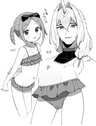 Rule 34 | 1boy, 1girl, armpit crease, arms behind back, blush, bow, collarbone, covered clitoris, covered collarbone, fingernails, frilled swimsuit, frills, greyscale, hair between eyes, hair bow, hatching (texture), highres, horns, lily (moyori), long hair, monochrome, moyori, multiple views, navel, open mouth, original, simple background, single horn, swimsuit, twintails, unicorn (moyori), white background