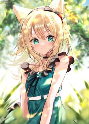Rule 34 | 1girl, animal ear fluff, animal ears, arknights, bare arms, bare shoulders, black bow, black hairband, blonde hair, blurry, blurry background, blurry foreground, bow, closed mouth, commentary request, day, depth of field, dog ears, dress, green dress, green eyes, hair between eyes, hair bow, hairband, highres, looking at viewer, onasu (nasubinari), outdoors, podenco (arknights), podenco (wake up from a nap) (arknights), sleeveless, sleeveless dress, smile, solo