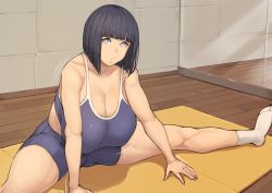 Rule 34 | 1girl, black hair, blue tank top, blunt bangs, breasts, cleavage, curvy, female focus, highres, hime cut, huge breasts, hyuuga hinata, indoors, large breasts, mature female, metal owl (aden12), mirror, naruto, naruto (series), open mouth, plump, purple eyes, shorts, sitting, solo, spread legs, stretching, tank top, thick thighs, thighs, white legwear, wooden floor, yoga mat