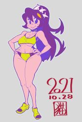 Rule 34 | 1girl, 2021, alternate costume, breasts, cleavage, collarbone, filia (skullgirls), full body, grey background, hands on own hips, highres, large breasts, long hair, navel, neko mata g, purple hair, shoes, skullgirls, solo, sports bikini, sports bra, standing, thick thighs, thighs, underboob, wide hips