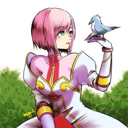 Rule 34 | 1girl, bird, breasts, estellise sidos heurassein, gloves, grass, green eyes, highres, lips, looking to the side, medium breasts, mini (minimilk), pink hair, short hair, solo, tales of (series), tales of vesperia, white gloves