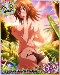 Rule 34 | 1girl, ass, back, bikini, bikini bottom only, breasts, brown hair, butt crack, card (medium), chess piece, cloud, covering privates, covering breasts, cowboy shot, day, hair between eyes, high school dxd, high school dxd born, large breasts, looking at viewer, official art, open mouth, outdoors, purple eyes, queen (chess), sky, solo, swimsuit, teeth, tongue, topless, torn clothes, venelana gremory, wet
