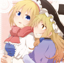 Rule 34 | 2girls, adapted costume, alice margatroid, aoi (annbi), blonde hair, blue dress, blue eyes, breasts, capelet, clenched teeth, dress, grin, hairband, hat, hug, hug from behind, kirisame marisa, long sleeves, multiple girls, open mouth, scarf, smile, teeth, touhou, upper body, witch hat, yellow eyes