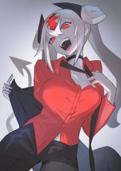 Rule 34 | 1girl, :d, absurdres, borrowed character, breasts, choker, colored skin, commentary request, demon girl, grey skin, helltaker, highres, horns, long hair, looking at viewer, open mouth, original, red eyes, sakazu mekasuke, smile, solo, tail, teeth, twintails
