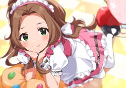 Rule 34 | 1girl, apron, arm support, black footwear, blurry, blurry background, blush, brown hair, closed mouth, depth of field, green eyes, head rest, idolmaster, idolmaster million live!, idolmaster million live! theater days, inuyama nanami, long hair, looking at viewer, nikaidou chizuru, pink skirt, pink vest, pretty waitress (idolmaster), puffy short sleeves, puffy sleeves, shirt, shoes, short sleeves, skirt, smile, solo, vest, white apron, white shirt, wrist cuffs