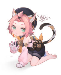 Rule 34 | 1girl, animal ear fluff, animal ears, armpit crease, barefoot, black hat, blush, cat ears, cat tail, closed mouth, dated, detached sleeves, diona (genshin impact), genshin impact, gloves, green eyes, hat, highres, kneeling, light blush, open hand, paw print, pink hair, short hair, signature, sleeves past wrists, soles, solo, tail, tsukibara, white background, white sleeves