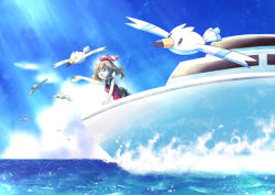 Rule 34 | 1girl, boat, bow hairband, brown hair, cloud, cocoloco, commentary request, creatures (company), day, floating hair, game freak, gen 3 pokemon, hairband, hand up, light rays, may (pokemon), nintendo, open mouth, outdoors, outstretched hand, pokemon, pokemon (creature), pokemon oras, red hairband, red tank top, sky, splashing, sunbeam, sunlight, tank top, water, watercraft, wingull