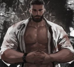 Rule 34 | 1boy, abs, bara, bare pectorals, beard, black hair, blood, blood on clothes, collared shirt, david king (dead by daylight), dead by daylight, dopey (dopq), facial hair, highres, large pectorals, looking at viewer, male focus, muscular, muscular male, open clothes, open shirt, own hands together, pectorals, scar, scar across eye, scar on face, scar on nose, shirt, short hair, solo, undercut, watch, wristwatch