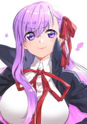 Rule 34 | &gt;:), 10s, 1girl, asakusa tsukumo, bb (fate), bb (fate/extra), blush, breasts, cherry blossoms, fate/extra, fate/extra ccc, fate (series), hair ribbon, jacket, large breasts, long hair, looking at viewer, petals, purple eyes, purple hair, ribbon, simple background, smile, solo, upper body, v-shaped eyebrows, white background