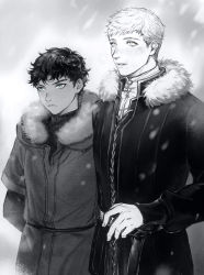 Rule 34 | 2boys, arms behind back, bad id, bad pixiv id, belt, blush, breath, changye, closed mouth, coat, cold, dark-skinned male, dark skin, dungeon meshi, frown, fur-trimmed coat, fur trim, greyscale, height difference, laios touden, layered sleeves, long sleeves, looking afar, male focus, mithrun, monochrome, motion blur, multiple boys, nose blush, parted lips, short over long sleeves, short sleeves, side-by-side, snowing, upper body, wavy hair
