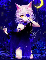 Rule 34 | 1girl, absurdres, animal ears, arm up, bangle, bare shoulders, black choker, black dress, blue background, blue bow, blue bowtie, blue dress, blue flower, blue nails, blue rose, bow, bowtie, bracelet, bug, butterfly, cat ears, choker, collarbone, cowboy shot, crescent, crescent moon, dress, eyelashes, facial mark, flower, gradient dress, hair between eyes, highres, holding, holding flower, insect, jewelry, moon, multicolored clothes, multicolored dress, nail polish, off shoulder, one eye covered, original, pelvic curtain, rose, sheya, short hair, side slit, silver hair, solo, standing, thighs, w, wading, water, yellow eyes