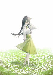 Rule 34 | 0 (znanimo), 1girl, absurdres, animal ear fluff, animal ears, arknights, arm behind back, barefoot, black hair, blush, branch, branch in mouth, breasts, collared shirt, dappled sunlight, field, floral print, flower, grass, green skirt, hand in own hair, highres, long hair, long sleeves, looking at viewer, outdoors, shirt, simple background, skirt, small breasts, solo, straight hair, sunlight, symbol-only commentary, texas (arknights), white background, white shirt, wind, wind lift, wolf ears, wolf girl, yellow eyes