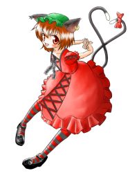 Rule 34 | 1girl, animal ears, brown hair, cat ears, cat girl, cat tail, chen, earrings, female focus, full body, gothic lolita, hat, heart, heart tail, jewelry, lolita fashion, naonosuke, ribbon, simple background, solo, striped clothes, striped thighhighs, tail, thighhighs, touhou
