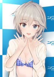 Rule 34 | 1girl, :d, anastasia (idolmaster), bikini, bikini top only, blue bikini, blue eyes, breasts, cleavage, hair between eyes, idolmaster, idolmaster cinderella girls, jacket, looking at viewer, medium breasts, nannacy7, open clothes, open jacket, open mouth, short hair, silver hair, smile, sofmap background, solo, step and repeat, swimsuit, upper body, white jacket