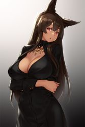 Rule 34 | 1girl, animal ears, ankh, ankh necklace, anubis (houtengeki), breasts, brown hair, cleavage, commentary request, crossed arms, dark-skinned female, dark skin, gradient background, highres, houtengeki, jewelry, large breasts, long hair, long sleeves, looking at viewer, open mouth, original, red eyes, simple background, solo, upper body