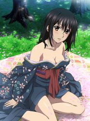 Rule 34 | 1girl, black hair, blue kimono, blush, breasts, brown eyes, cherry blossoms, cleavage, collarbone, day, hair between eyes, highres, himeragi yukina, japanese clothes, kimono, long hair, looking at viewer, medium breasts, off shoulder, official art, open mouth, outdoors, shiny skin, solo, strike the blood