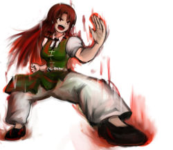 Rule 34 | 1girl, aura, baibo, bow, braid, china dress, chinese clothes, dress, embodiment of scarlet devil, female focus, fighting stance, full body, gradient background, hong meiling, long hair, paipo (chickshow), pants, red eyes, red hair, solo, touhou, twin braids, white background
