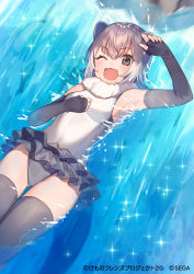 Rule 34 | 1girl, ;d, animal ears, arm up, armpits, bare shoulders, black gloves, breasts, elbow gloves, fang, fingerless gloves, gloves, grey hair, grey thighhighs, hand on own chest, kemono friends, looking at viewer, medium breasts, miniskirt, multicolored hair, official art, one-piece swimsuit, one eye closed, open mouth, shugao, skirt, small-clawed otter (kemono friends), smile, solo, swimsuit, tail, thighhighs, two-tone hair, v-shaped eyebrows, water, watermark, white one-piece swimsuit