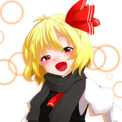 Rule 34 | 1girl, :d, black scarf, blonde hair, fangs, hair ribbon, kameyan, open mouth, red eyes, ribbon, rumia, scarf, shirt, short hair, simple background, smile, solo, touhou, vest, white background