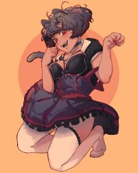 Rule 34 | 1girl, animal ears, black choker, black dress, black hair, breasts, cat ears, cat girl, cat tail, choker, cleavage, commentary, dress, english commentary, fangs, full body, highres, medium breasts, o-ring, original, red eyes, saiyakyun, short dress, signature, solo, tail, thighhighs, white thighhighs