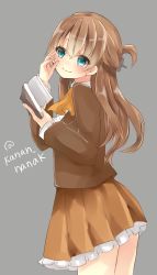 Rule 34 | 10s, 1girl, adjusting eyewear, alternate hairstyle, bad id, bad twitter id, blue eyes, book, brown hair, commentary, glasses, half updo, highres, kantai collection, kumano (kancolle), long hair, school uniform, skirt, solo, souhi, twitter username
