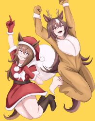 Rule 34 | 2girls, animal costume, animal ears, arms up, barefoot, blush, boots, brown footwear, brown hair, commentary request, dress, fake antlers, full body, fur-trimmed dress, fur-trimmed headwear, fur trim, grin, hair between eyes, hat, highres, holding, holding sack, horse ears, horse girl, horse tail, long hair, midair, miya nns35, multicolored hair, multiple girls, nakayama festa (umamusume), open mouth, pom pom (clothes), purple eyes, red dress, red eyes, red headwear, reindeer costume, sack, santa dress, santa hat, short sleeves, simple background, sirius symboli (umamusume), smile, streaked hair, tail, teeth, umamusume, upper teeth only, white hair, yellow background