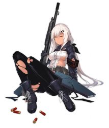 Rule 34 | 1girl, arm support, armband, armor, black gloves, black pantyhose, boots, breasts, cropped, cross-laced footwear, dark-skinned female, dark skin, full body, girls&#039; frontline, gloves, gun, hair ornament, hair ribbon, hairclip, long hair, looking at viewer, low ponytail, m590 (girls&#039; frontline), medium breasts, nightmaremk2, one eye closed, pantyhose, pleated skirt, pouch, ribbon, shield module, shirt, shotgun, shotgun shell, sitting, skirt, solo, torn clothes, torn pantyhose, torn shirt, transparent background, underboob, very long hair, weapon, white hair, yellow eyes