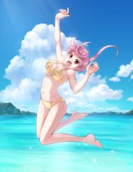 Rule 34 | 1girl, :d, arm up, barefoot, bikini, blue sky, breasts, cleavage, cloud, cloudy sky, commentary request, frilled bikini, frills, highres, ikeda jun (mizutamari), jumping, legs up, looking at viewer, medium breasts, medium hair, navel, ocean, open mouth, original, partial commentary, pink hair, red eyes, shore, skindentation, sky, smile, solo, sparkle, swimsuit, yellow bikini