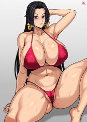 Rule 34 | 1girl, absurdres, arm behind head, bare shoulders, bikini, black hair, blue eyes, boa hancock, collarbone, covered erect nipples, earrings, facing viewer, feet, gluteal fold, gradient background, grey background, highres, jewelry, jmg, long hair, looking at viewer, navel, one piece, red bikini, simple background, sitting, smile, snake earrings, solo, stomach, swimsuit, thick thighs, thighs, wet