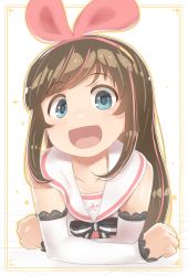 Rule 34 | 1girl, black ribbon, blue eyes, blush, brown hair, collarbone, detached sleeves, hairband, highres, kizuna ai, kizuna ai inc., long hair, long sleeves, looking at viewer, monosenbei, open mouth, ribbon, smile, solo, upper body, virtual youtuber