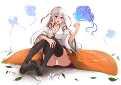 Rule 34 | 1girl, black thighhighs, breasts, bug, butterfly, cleavage, detached sleeves, feet, female focus, flower, full body, hair ornament, insect, japanese clothes, kanzaki kureha, large breasts, legs, long hair, long skirt, looking at viewer, miniskirt, no shoes, on ground, open mouth, original, panties, purple eyes, simple background, sitting, skirt, soles, solo, thighhighs, underwear, upskirt, white background, white hair, white panties