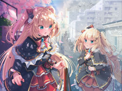 Rule 34 | 2girls, :o, akai haato, akai haato (gothic lolita), aqua eyes, black capelet, black dress, blonde hair, blush, bow, bowtie, breasts, brooch, capelet, cherry blossoms, city, commentary request, day, dress, dual persona, fingernails, frilled capelet, frilled skirt, frills, hair bow, hair ornament, hairpin, heart, heart hair ornament, highres, hololive, jewelry, layered skirt, lolita fashion, long hair, looking at another, magowasabi, medium breasts, multiple girls, nail polish, outdoors, petals, red bow, red nails, red neckwear, red skirt, road, signature, skirt, snowing, standing, street, twitter username, two side up, very long hair, virtual youtuber, x hair ornament