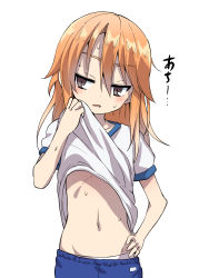 Rule 34 | 1girl, blue pants, brown eyes, clothes lift, commentary request, groin, hand on own hip, highres, idolmaster, idolmaster cinderella girls, lifted by self, long hair, looking away, looking to the side, miyao ryuu, navel, orange hair, pants, shirt, shirt lift, solo, stomach, sweat, t-shirt, translation request, white background, white shirt, yuuki haru