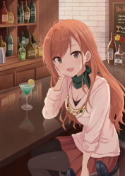 Rule 34 | 1girl, :d, ahoge, alcohol, arisugawa natsuha, bar (place), black eyes, black pantyhose, black shirt, bottle, breasts, brick wall, brown hair, brown skirt, cheek rest, cleavage, cocktail glass, collarbone, commentary request, counter, cup, drink, drinking glass, dumbbell, earrings, flower, food, fruit, fur trim, glint, hand up, holding, idolmaster, idolmaster shiny colors, indoors, jewelry, kerchief, lemon, lemon slice, long hair, long sleeves, looking at viewer, miniskirt, mugi (banban53), necklace, open mouth, pantyhose, pleated skirt, reflection, rose, shirt, sidelocks, sign, sitting, skirt, small breasts, smile, solo, undershirt, white shirt
