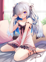 Rule 34 | 1girl, absurdres, amane kanata, angel, angel wings, barefoot, blue hair, blush, breasts, colored inner hair, dress, grey hair, highres, hololive, hoshino reiji, leg ribbon, long hair, looking at viewer, multicolored hair, one eye closed, open mouth, pink dress, purple eyes, ribbon, small breasts, two side up, virtual youtuber, wings