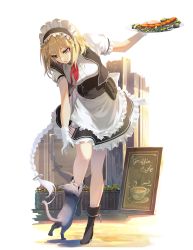 Rule 34 | 1girl, apron, black footwear, blonde hair, blue eyes, boots, braid, cafe, cat, commentary request, flower, food, frilled skirt, frills, g36 (girls&#039; frontline), girls&#039; frontline, gloves, holding, holding plate, long hair, looking down, maid, maid headdress, outdoors, plate, red neckwear, sausage, shirt, short sleeves, sign, simple background, skirt, solo, standing, vikpie, white background, white gloves, white shirt