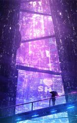 Rule 34 | 1girl, absurdres, black hair, bridge, building, commentary, fish, flying fish, from behind, glowing, heart, highres, holding, holding umbrella, long hair, original, outdoors, purple theme, rain, scenery, signature, skyrick9413, solo, standing, umbrella