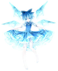 Rule 34 | 1girl, barefoot, blue eyes, blue hair, blue theme, bow, cirno, colored eyelashes, curtsey, dress, embodiment of scarlet devil, eyelashes, glowing, hair bow, highres, ice, legs, light, matching hair/eyes, rinko (artist), rinko (mg54), short hair, solo, touhou, wings