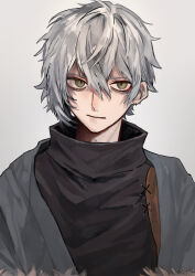 Rule 34 | 1boy, absurdres, bags under eyes, black sweater, brown eyes, closed mouth, coat, earrings, ent2213, fate/grand order, fate (series), fur trim, grey background, grey coat, grey hair, highres, jewelry, kadoc zemlupus, looking at viewer, male focus, short hair, simple background, solo, sweater, upper body