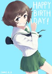 1girl absurdres akiyama_yukari text_background birthday black_neckerchief blouse blue_background brown_eyes brown_hair commentary cowboy_shot dated english_text girls_und_panzer green_skirt grin happy_birthday highres index_finger_raised long_sleeves looking_at_viewer messy_hair miniskirt neckerchief ooarai_school_uniform oritako pleated_skirt sailor_collar school_uniform serafuku shirt short_hair simple_background skirt smile solo standing white_sailor_collar white_shirt wind