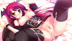 Rule 34 | 1girl, bed, black thighhighs, blush, breasts, breasts out, censored, cum, cum in pussy, dress, game cg, long hair, looking at viewer, luce yami asutarite, lying, magical marriage lunatics!!, nipples, on back, open mouth, panties, panties around leg, pillow, pink panties, pussy, red hair, solo, spread legs, thighhighs, underwear, yamakaze ran, yellow eyes