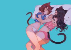 Rule 34 | 2girls, absurdres, animal ears, aqua background, arutera, ass, back, bare legs, between thighs, blue shirt, blush, breasts, bright pupils, brown hair, cat ears, cat tail, couple, crop top, eye contact, feet out of frame, female focus, green eyes, hair between eyes, hair ornament, holding hands, highres, hug, legs, long hair, looking at another, lying, medium breasts, midriff, multiple girls, navel, off-shoulder shirt, off shoulder, on side, open mouth, original, panties, pillow, pink panties, polka dot, polka dot shirt, profile, shade, shirt, short hair, simple background, strap slip, tail, underwear, underwear only, white panties, white pupils, x hair ornament, yuri