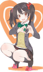 Rule 34 | 10s, 1girl, animal slippers, black hair, blazer, bow, bowtie, cardigan, green bow, green bowtie, hair bow, heart, heart hands, jacket, looking at viewer, love live!, love live! school idol project, open mouth, pandegg, red bow, red eyes, slippers, smile, solo, squatting, twintails, yazawa nico