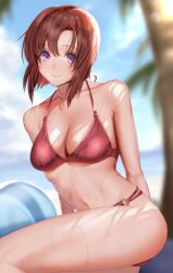 Rule 34 | 1girl, absurdres, bikini, blue eyes, blurry, blurry background, breasts, brown hair, cleavage, closed mouth, collarbone, commentary request, highres, higurashi no naku koro ni, medium breasts, navel, ocean, out type (outtypeex), palm tree, red bikini, ryuuguu rena, short hair, smile, solo, swimsuit, tree