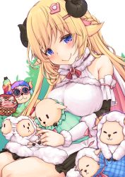 Rule 34 | 1girl, animal ears, bare shoulders, blonde hair, blush, bow, bowtie, braid, breasts, brooch, detached sleeves, dress, french braid, fur-trimmed dress, fur-trimmed sleeves, fur trim, hair ornament, hairclip, half updo, highres, hololive, horns, jewelry, large breasts, long hair, looking at viewer, purple eyes, red bow, red bowtie, ribbed sleeves, sheep ears, sheep girl, sheep horns, sitting, sleeveless, sleeveless dress, smile, solo, todome, tsunomaki watame, tsunomaki watame (1st costume), virtual youtuber, watamate, white dress