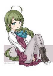 Rule 34 | 10s, 1girl, ahoge, bad id, bad twitter id, between legs, blue bow, blue bowtie, blue eyes, blush, boots, bow, bowtie, braid, closed mouth, collared shirt, cross-laced footwear, dress, ebifurya, eyebrows, full body, green hair, grey pantyhose, hand between legs, highres, inactive account, kantai collection, lace-up boots, long hair, long sleeves, looking at viewer, multicolored background, pantyhose, pink dress, shirt, single braid, sitting, sleeveless, sleeveless dress, smile, solo, twitter username, two-tone background, very long hair, white shirt, yuugumo (kancolle)